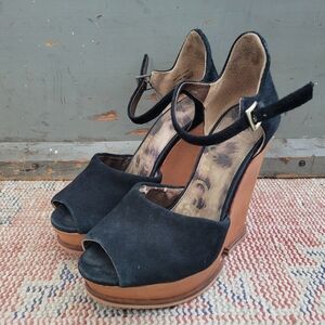 Sam edelman black brown leather suede wedge heels Mary jane 5.5